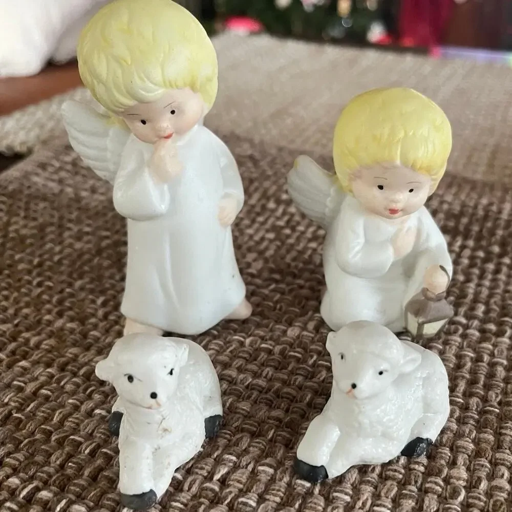 Vintage Porcelain angels and sheep set of 4. Nativity